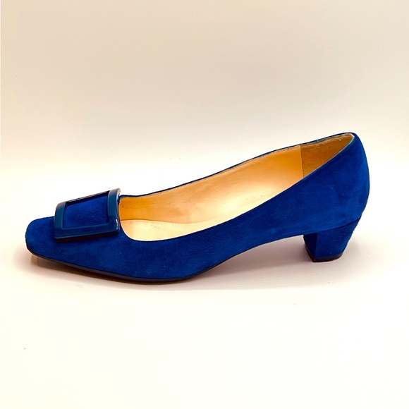 New Luxury Italian Brown Couture Blue 1” Heel Suede W/Buckle Size 36.5, US 6 - Picture 3 of 6